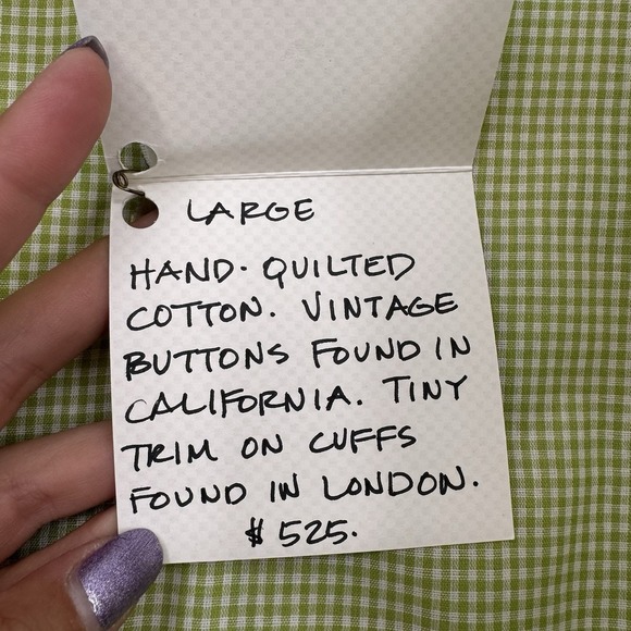 Handmade Women's Jacket Hand Quilted Paisley Green Gingham‎ Trim Button Large - Picture 9 of 10